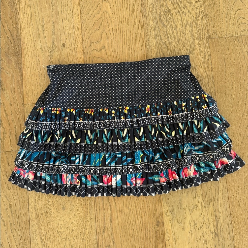 lucky in love wavy pleat tier skort with blue pink pattern XS